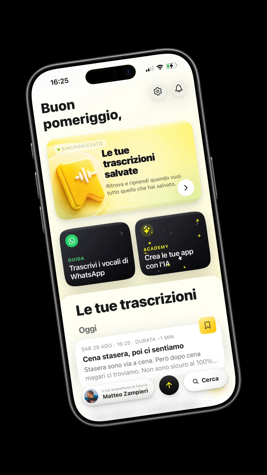 Home di Trascrivi Audio mostrata su un iPhone